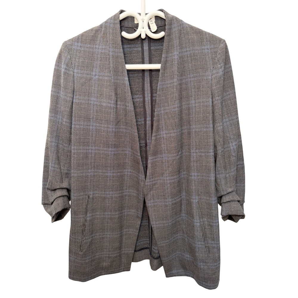 Babaton Womens Grey Blue Glen Plaid Ruched Sleeve Open Front Blazer Size 6